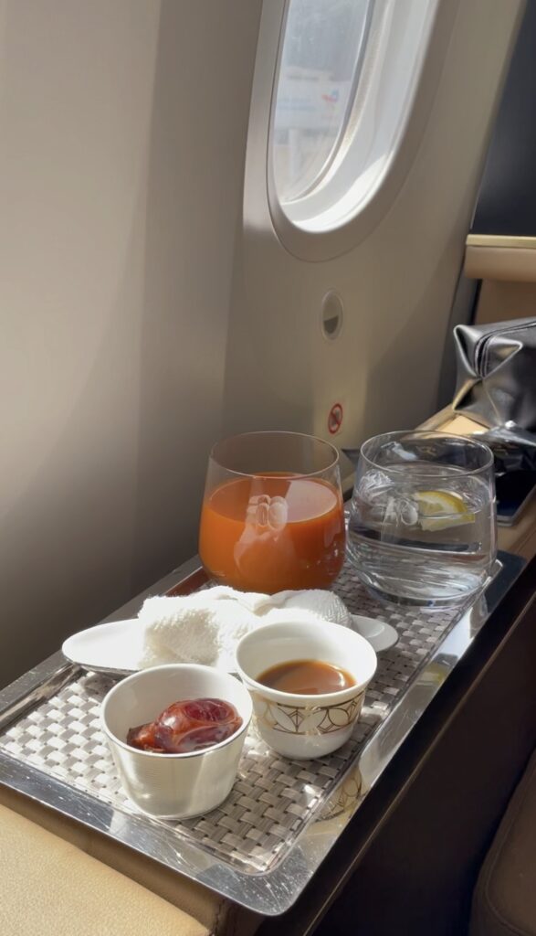 a tray with food and drinks on it