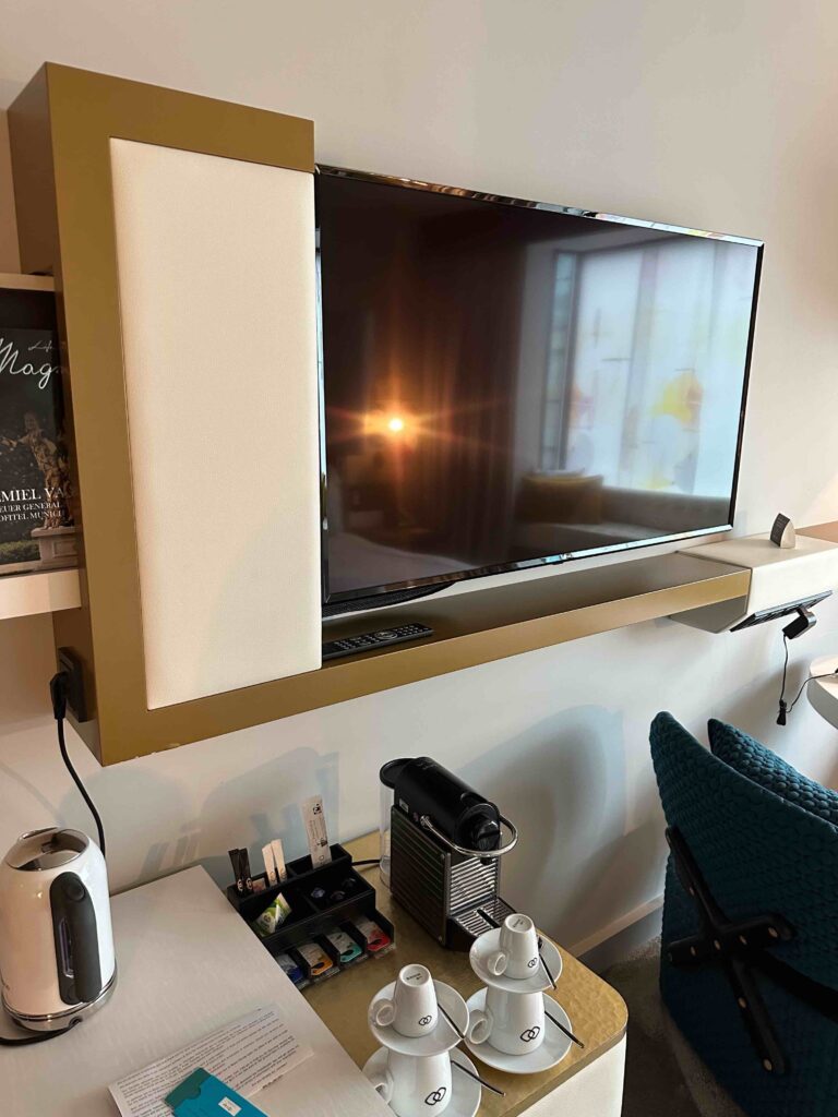 a tv on a shelf