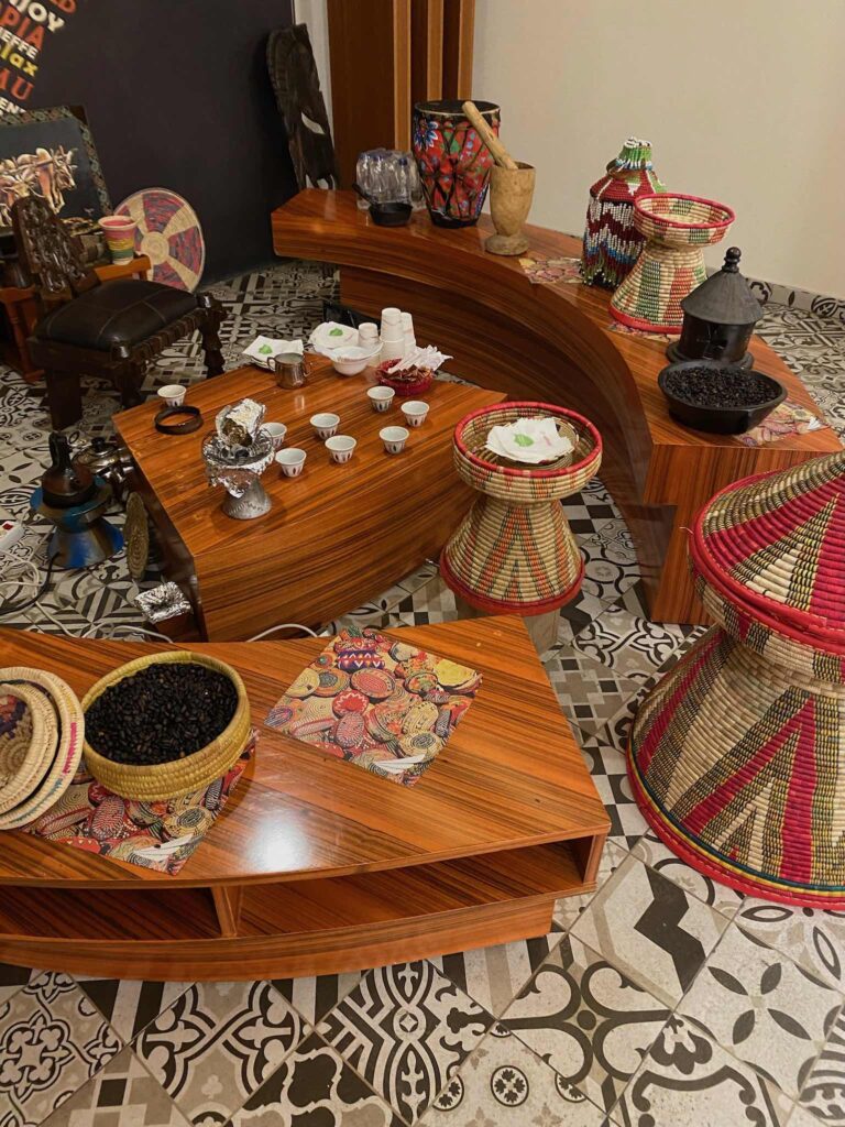 a table with baskets on it