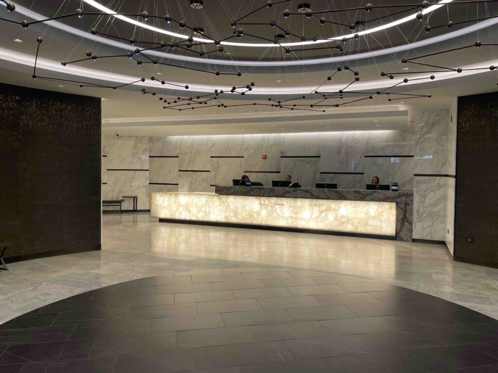 a reception desk in a building