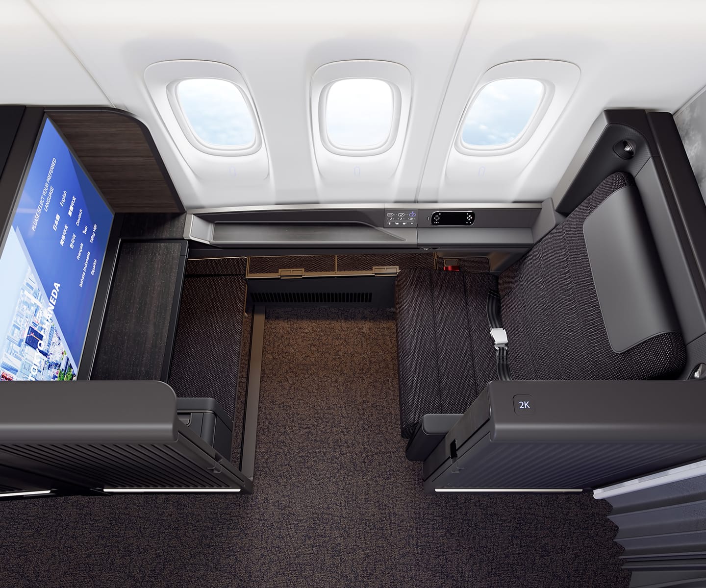 an airplane with seats and a screen