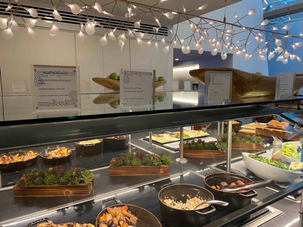 a buffet with food on display