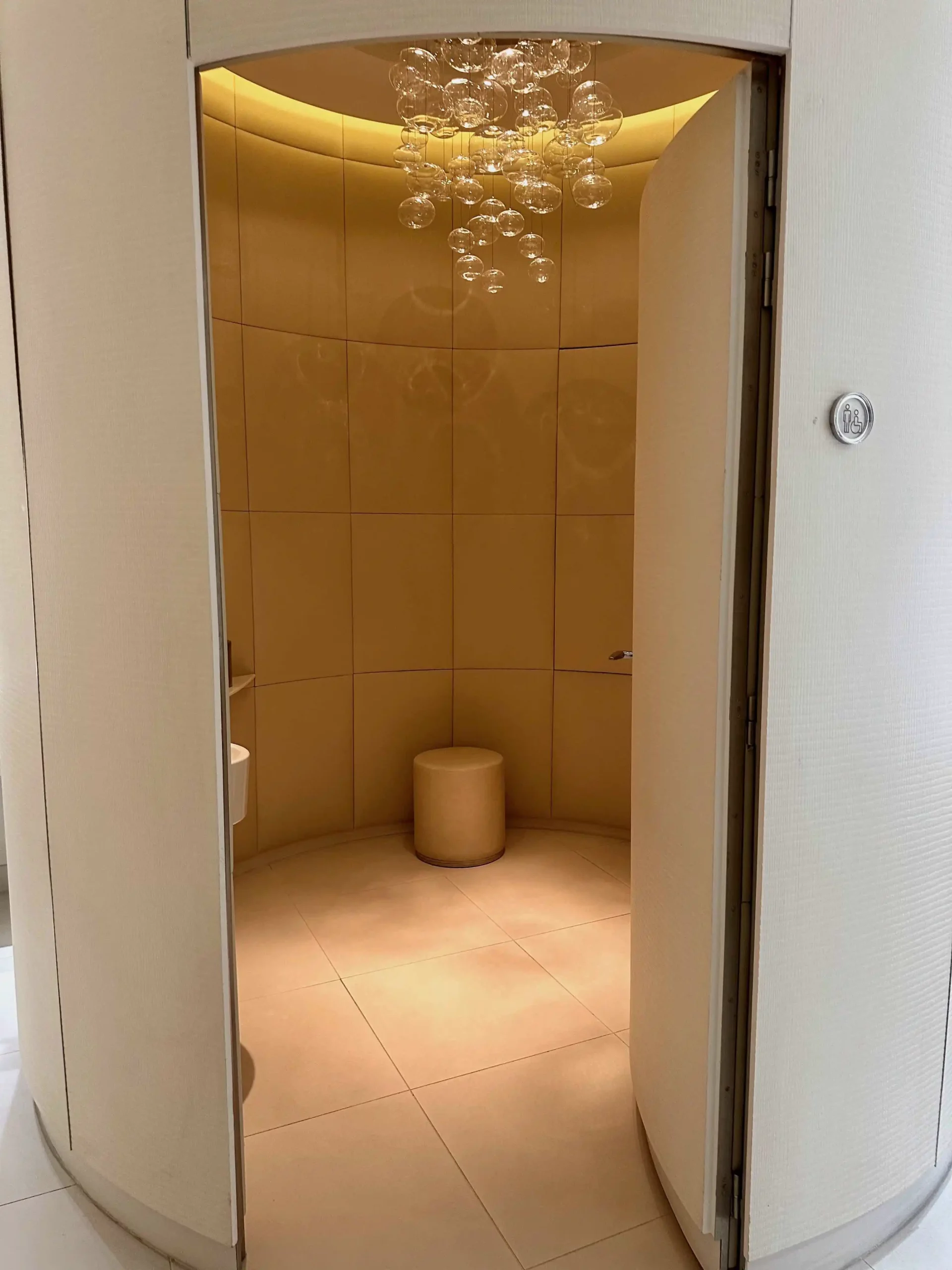 a bathroom with a round object