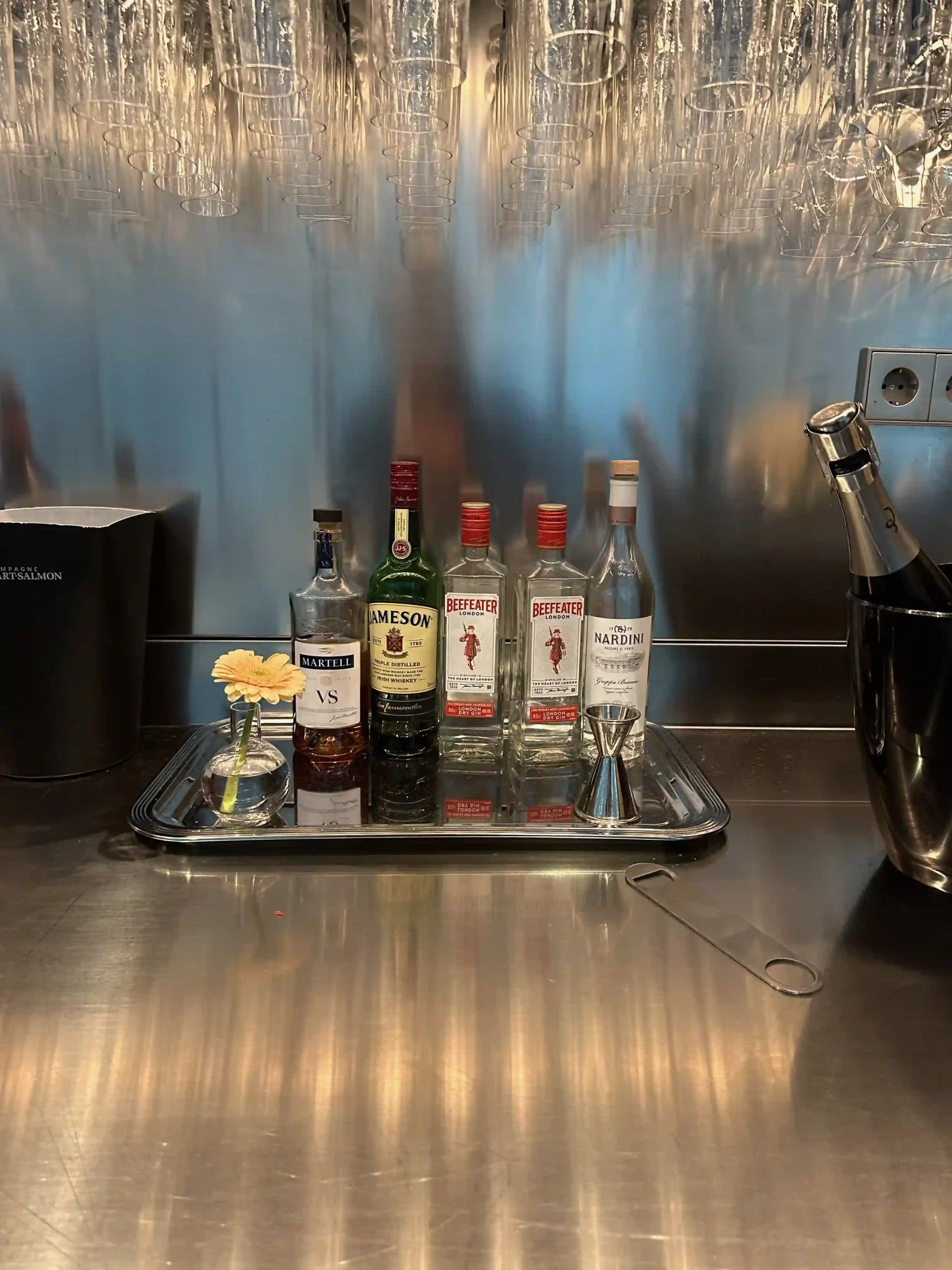 a group of bottles on a tray