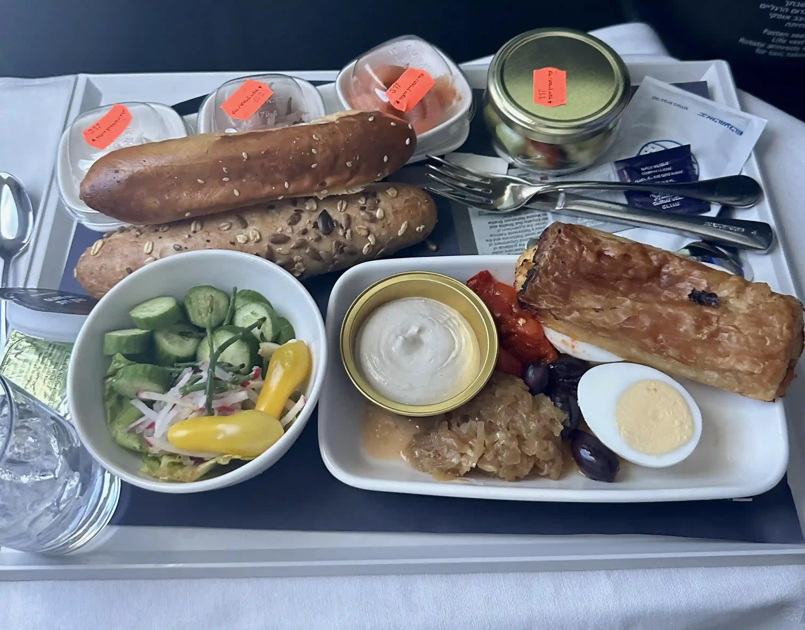 a tray of food on a plane