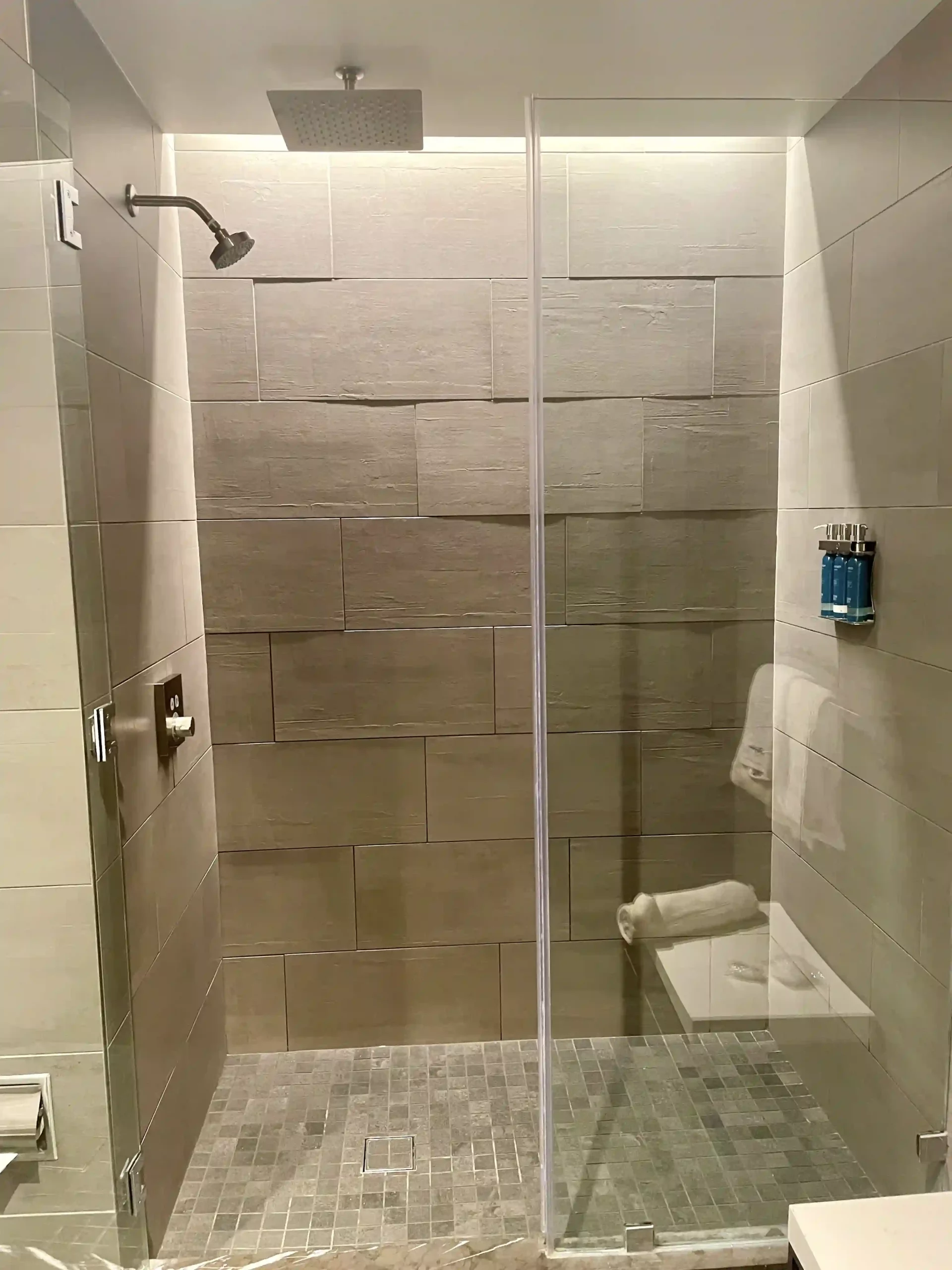 a shower with a glass door