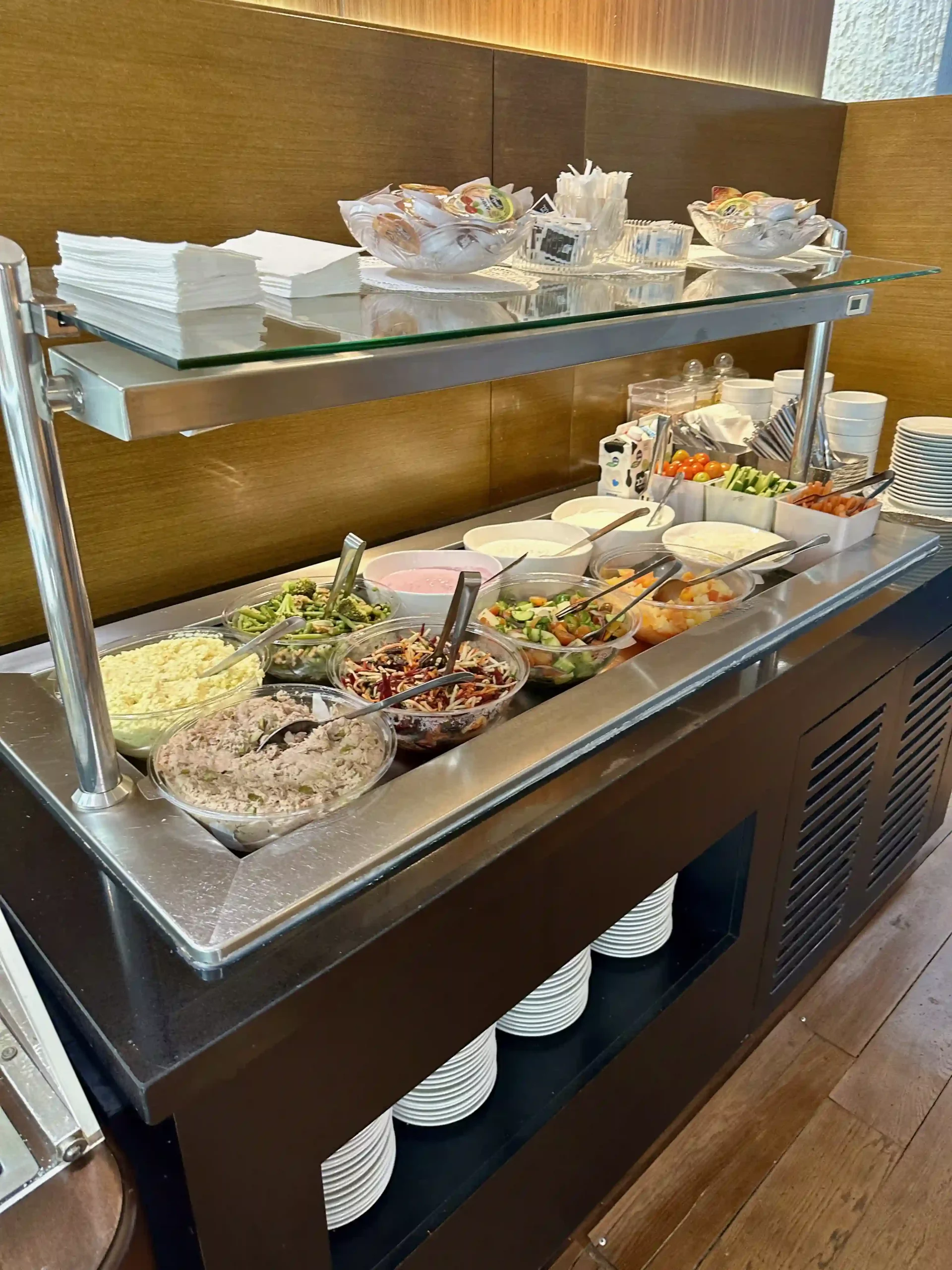 a buffet with food on it