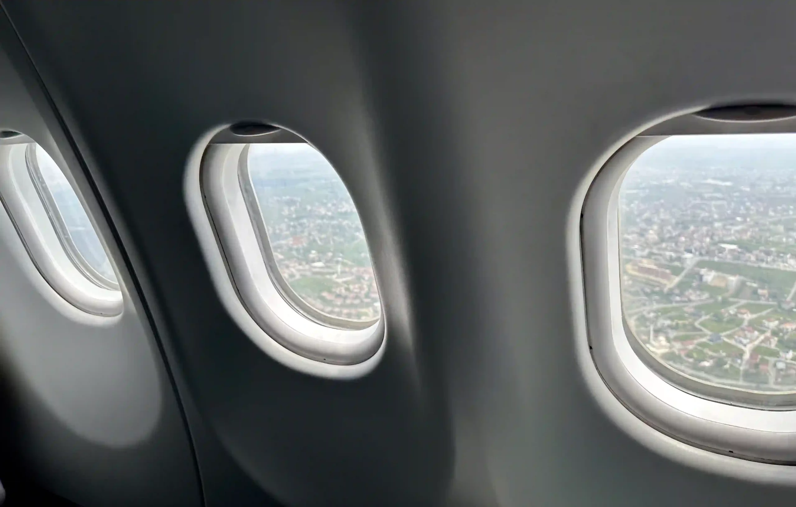 a view of a city from an airplane window