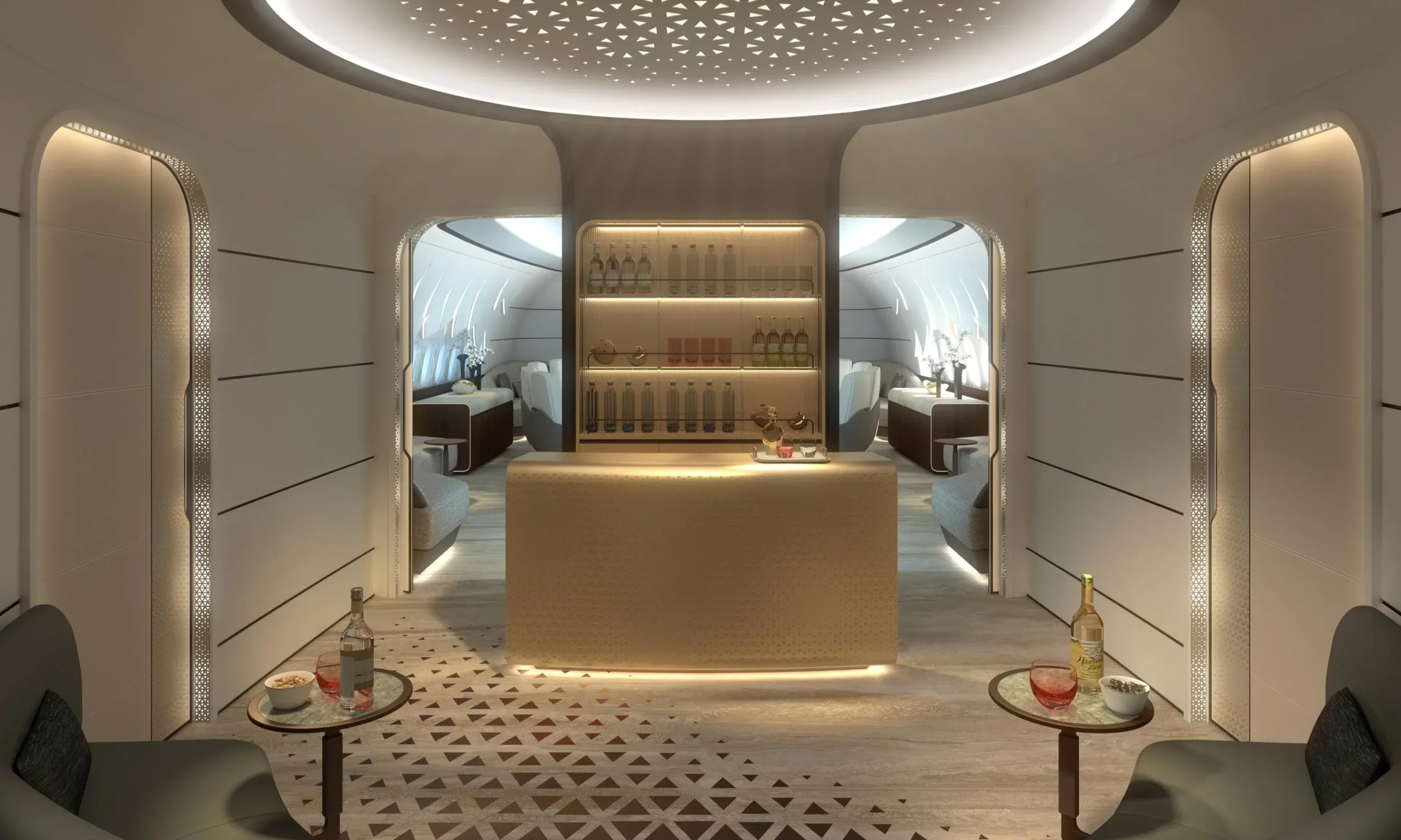 a bar in a room with a shelf and shelves of food