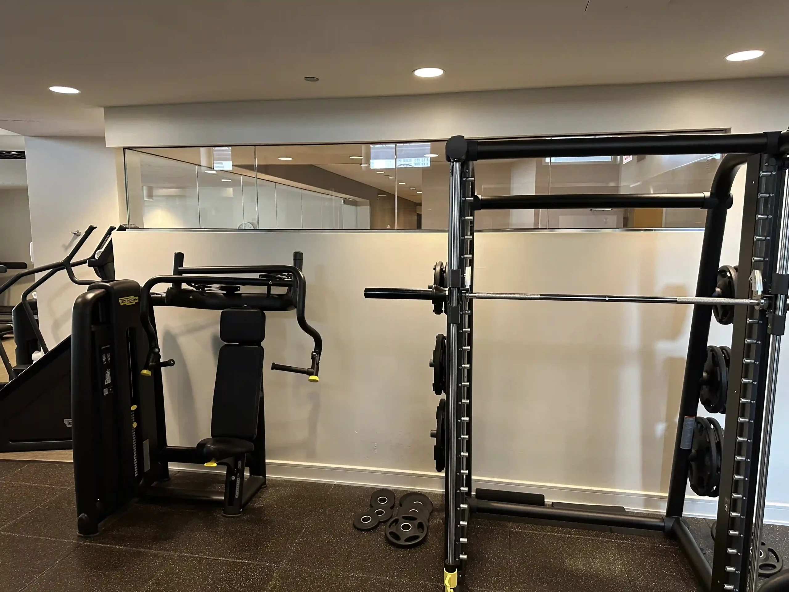 a gym with weights and exercise equipment