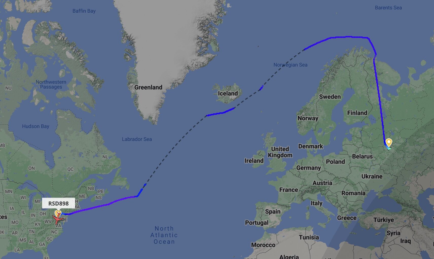 Flight number RSD898 flight map