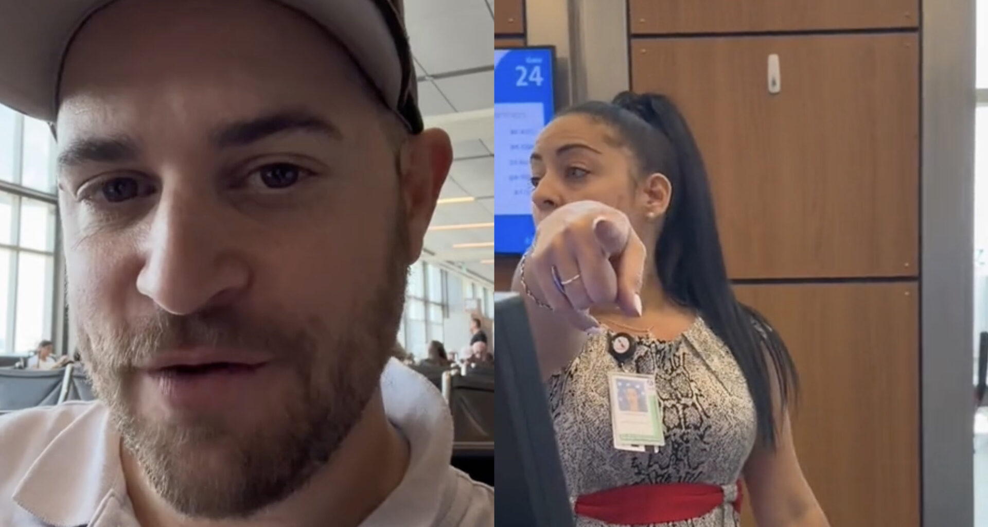 Two stills from TikTok video, man and woman pointing