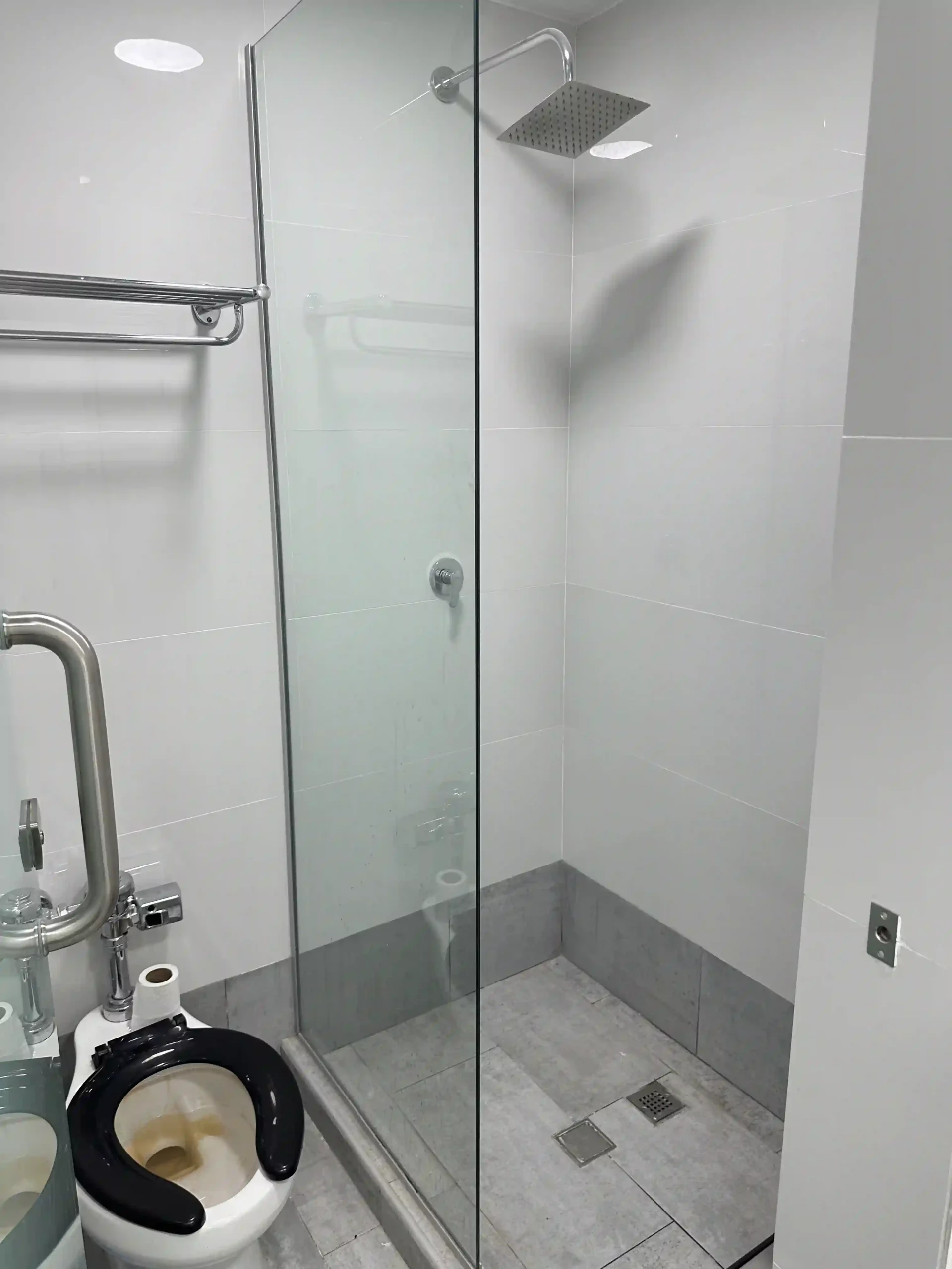 a shower with a toilet