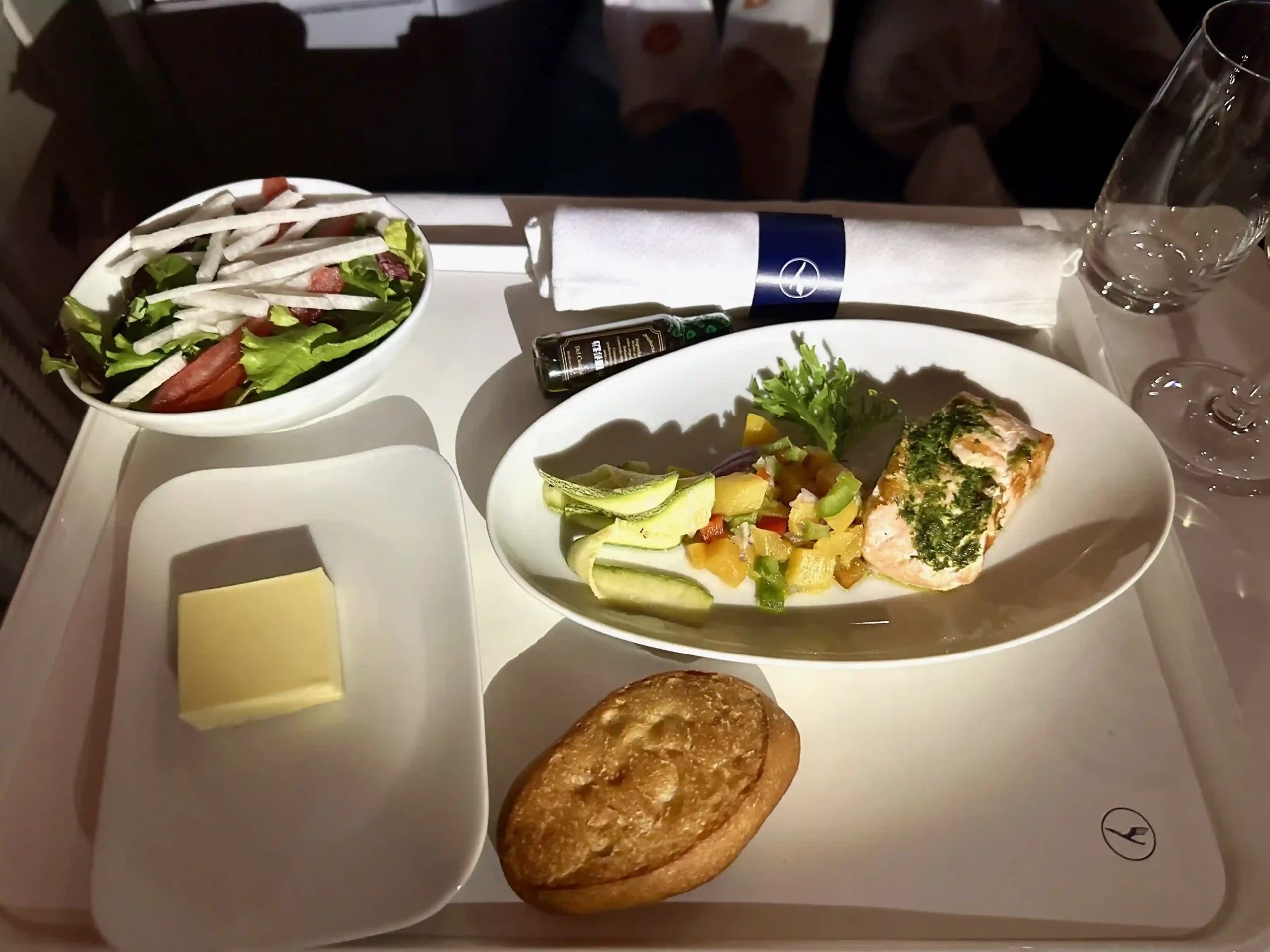 a tray of food on a plane