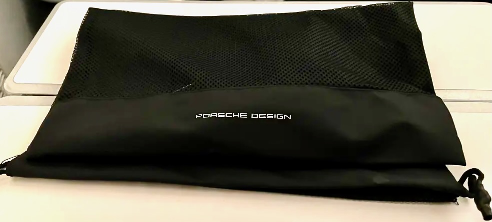 a black bag with white text on it