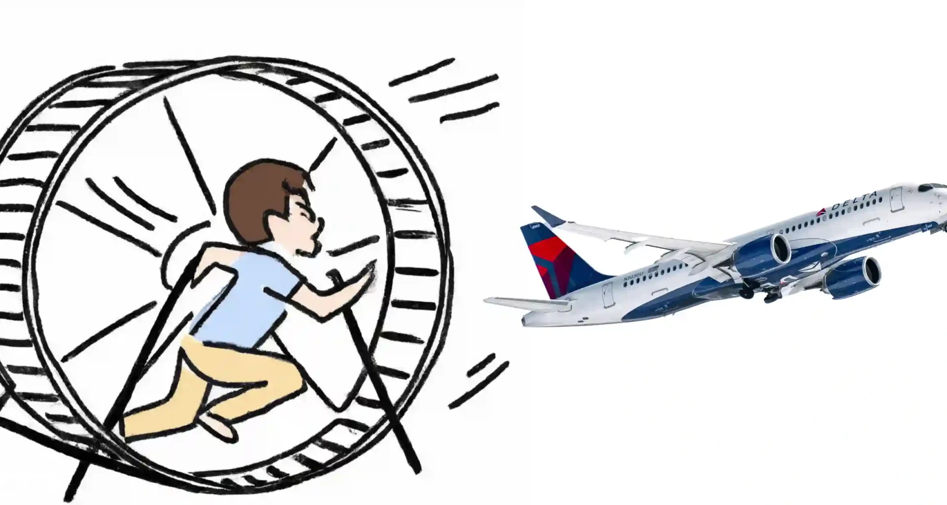 Man in hamster wheel running after Delta airplane
