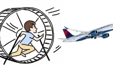 Man in hamster wheel running after Delta airplane