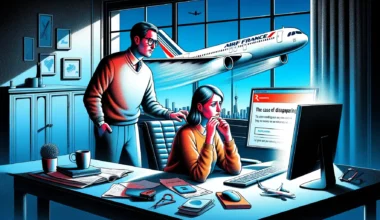 A couple look worriedly at a computer screen with an airplane in the background