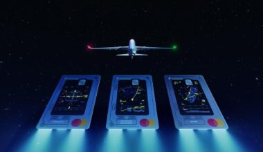 a plane flying over several cards