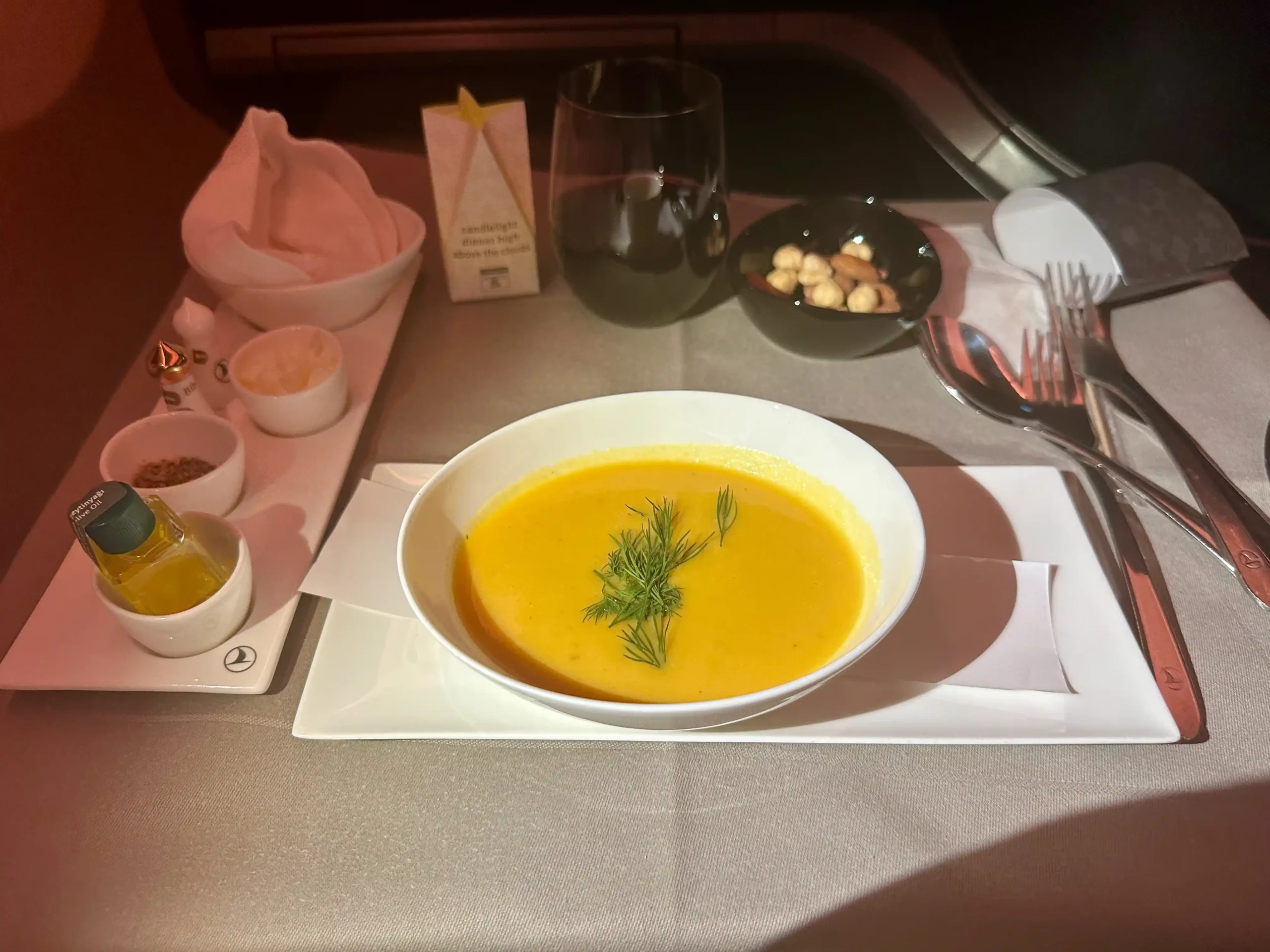 a bowl of soup on a tray