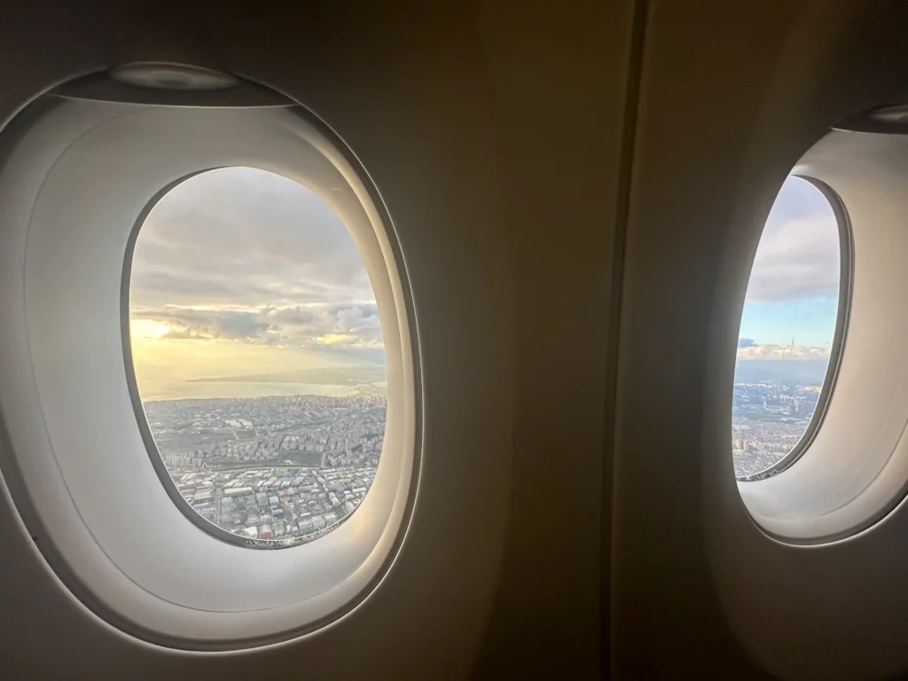 a view of a city from an airplane window