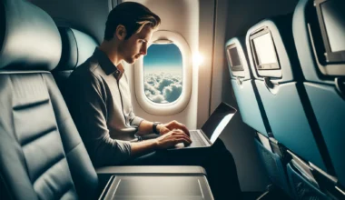 a man sitting in an airplane using a laptop