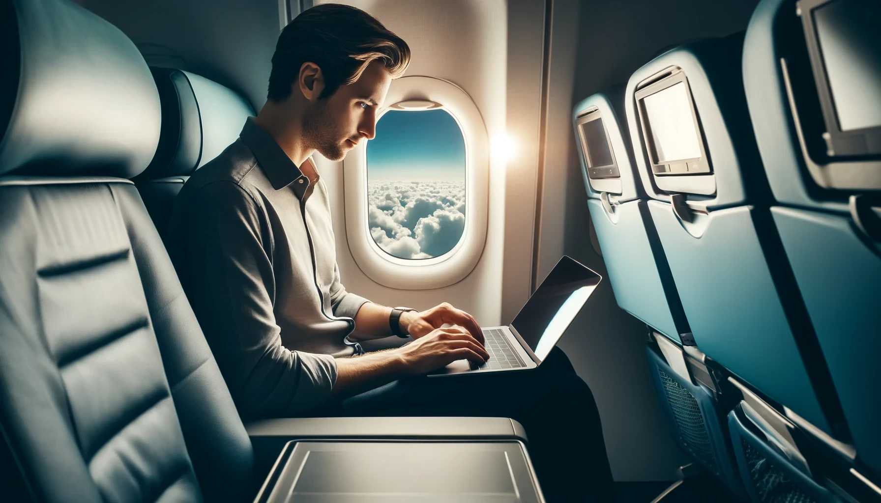 a man sitting in an airplane using a laptop